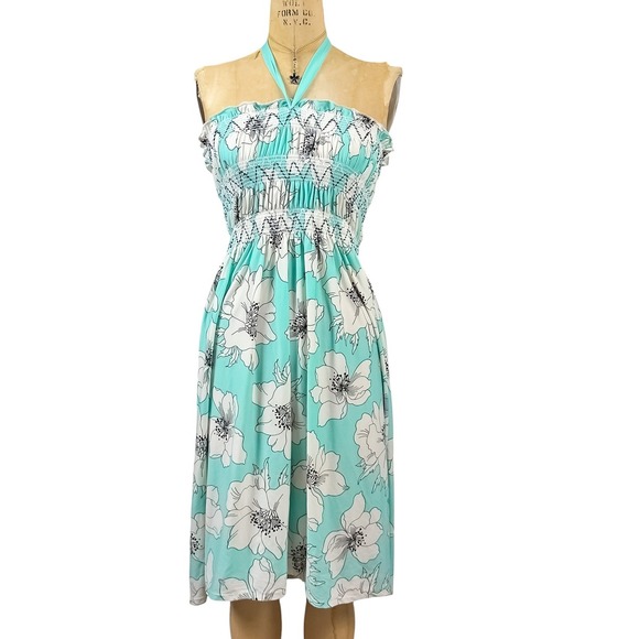 Unbranded Dresses & Skirts - 2000s Floral Halter Dress Turquoise Smocked Waist Tropical Beachy‎ Boho Size S
